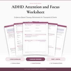 Könnte beinhalten: Ein vierseitiges Arbeitsblatt-Set für ADHS-Aufmerksamkeit und Fokus in einer kastanienbraunen und weißen Farbgebung. Die Seiten enthalten strukturierte Abschnitte zur Verfolgung von Aufgaben, Unterbrechungen und Gedanken mit Textüberschriften.