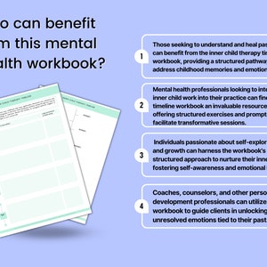May include: A printable workbook titled "Inner Child Therapy Timeline" with a green and white colour scheme. The workbook is designed to help people understand and heal past traumas, integrate inner child work into their practice, and nurture their inner child. The workbook is for individuals, mental health professionals, coaches, and counsellors.
