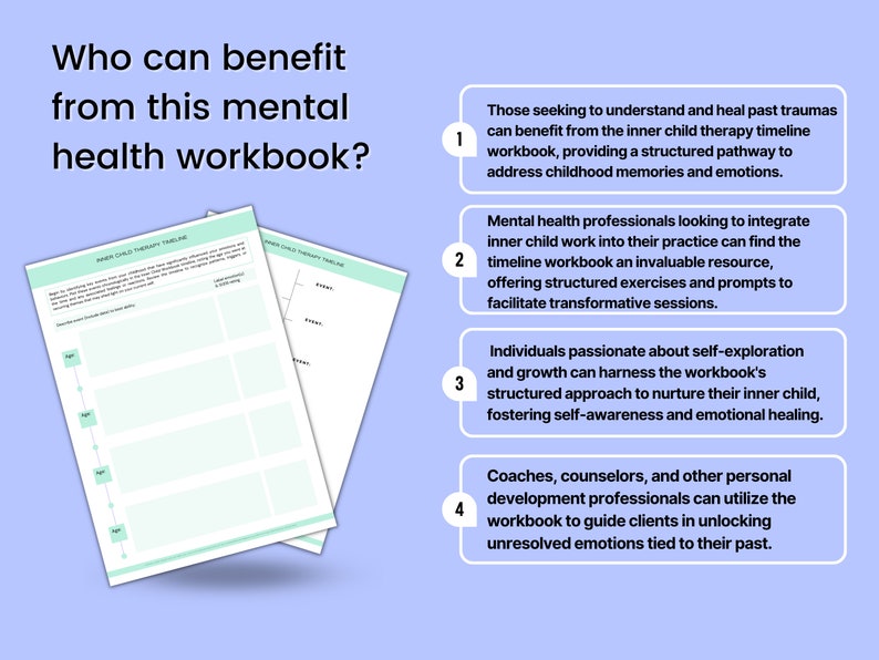 May include: A printable workbook titled "Inner Child Therapy Timeline" with a green and white colour scheme. The workbook is designed to help people understand and heal past traumas, integrate inner child work into their practice, and nurture their inner child. The workbook is for individuals, mental health professionals, coaches, and counsellors.