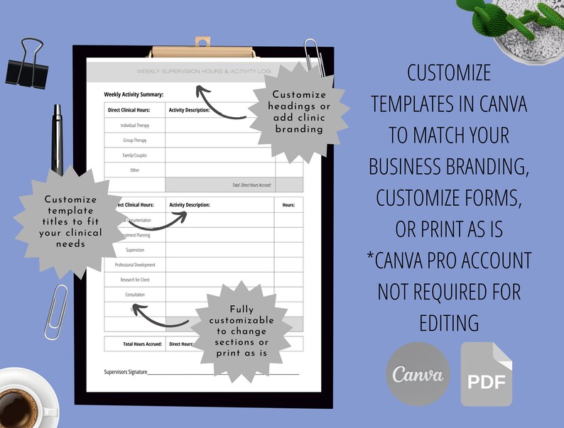 May include: A black and white printable template for tracking weekly supervision hours and activities. The template is customizable and can be used in Canva. The text on the template says "Weekly Supervision Hours & Activity Log", "Customize headings or add clinic branding", "Customize template titles to fit your clinical needs", "Fully customizable to change sections or print as is", "Direct Clinical Hours", "Activity Description", "Total Hours Accrued", "Direct Hours", "Supervisors Signature", "Customize Templates in Canva to Match Your Business Branding, Customize Forms, or Print as is", "*Canva Pro Account Not Required for Editing", "Canva", "PDF".