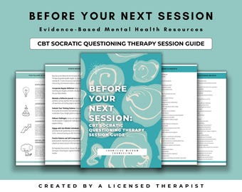 Puede incluir: Una guía azul turquesa con un diseño abstracto blanco y el texto "Before Your Next Session: CBT Socratic Questioning Therapy Session Guide" y "Cognitive Wisdom Counseling".