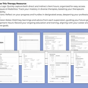 May include: A set of printable therapy resources for therapists. The resources include a daily and weekly supervision log, supervision notes, weekly activity summary, and development hours and learning log.