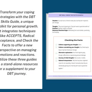 K&ouml;nnte beinhalten: Ein DBT-Skills-Guide-Arbeitsblatt mit dem Titel "Check the Facts Example" und einem Abschnitt mit dem Titel "&Uuml;berpr&uuml;fung der Fakten" mit einer Liste von Fragen, die Ihnen helfen, Ihre Gedanken und Emotionen in Frage zu stellen.