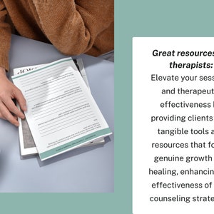 May include: A therapist's guide with the text "Great resources for therapists: Elevate your sessions and therapeutic effectiveness by providing clients with tangible tools and resources that foster genuine growth and healing, enhancing the effectiveness of your counseling strategies."
