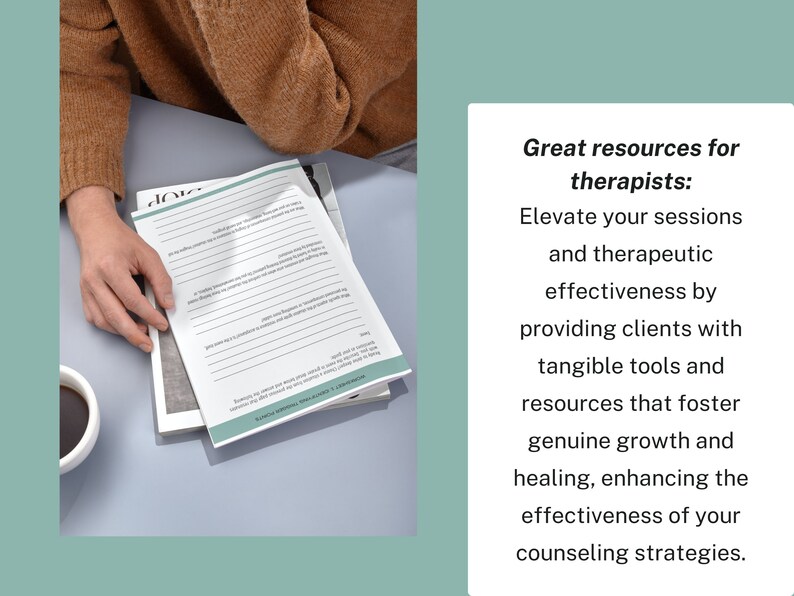 May include: A therapist's guide with the text "Great resources for therapists: Elevate your sessions and therapeutic effectiveness by providing clients with tangible tools and resources that foster genuine growth and healing, enhancing the effectiveness of your counseling strategies."