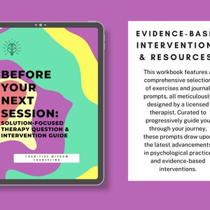 Puede incluir: Una tableta digital que muestra una portada colorida para un libro de trabajo titulado "Antes de tu pr&oacute;xima sesi&oacute;n: Preguntas de terapia centradas en la soluci&oacute;n y gu&iacute;a de intervenci&oacute;n". El libro de trabajo se describe como un recurso basado en evidencia para el asesoramiento de sabidur&iacute;a cognitiva.