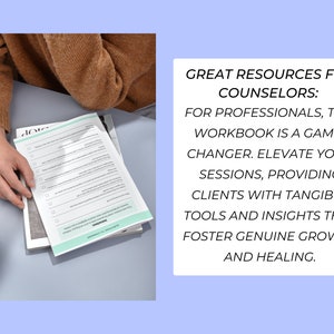 May include: A workbook with a checklist and the text "GREAT RESOURCES FOR COUNSELORS: FOR PROFESSIONALS, THIS WORKBOOK IS A GAME-CHANGER. ELEVATE YOUR SESSIONS, PROVIDING CLIENTS WITH TANGIBLE TOOLS AND INSIGHTS THAT FOSTER GENUINE GROWTH AND HEALING."