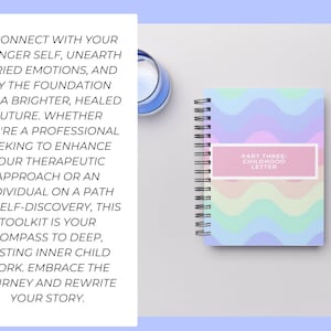 May include: A colourful notebook with a rainbow wave pattern and the text "Part Three: Childhood Letter" on the cover. A blue pen and a white pencil are on a white surface next to the notebook.