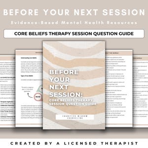 May include: A printable guide for core beliefs therapy sessions. The guide has a pink and white striped background with the text "Before Your Next Session: Core Beliefs Therapy Session Question Guide" in black text. The guide is designed to help people understand their core beliefs and how they impact their lives.