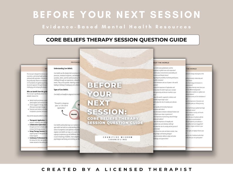 May include: A printable guide for core beliefs therapy sessions. The guide has a pink and white striped background with the text "Before Your Next Session: Core Beliefs Therapy Session Question Guide" in black text. The guide is designed to help people understand their core beliefs and how they impact their lives.