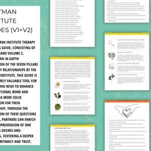 May include: A set of guides for couples, titled "Gottman Institute Guides (V1+V2)". The guides provide an in-depth exploration of the seven pillars of healthy relationships. The text describes the guides as an extremely valuable tool for couples who wish to enhance their emotional bond and establish a more solid foundation for their relationship.