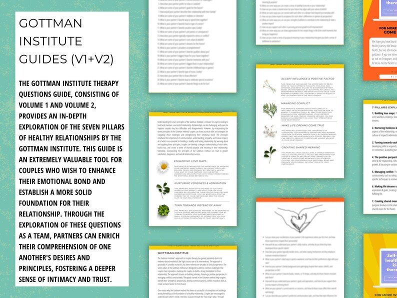 May include: A set of guides for couples, titled "Gottman Institute Guides (V1+V2)". The guides provide an in-depth exploration of the seven pillars of healthy relationships. The text describes the guides as an extremely valuable tool for couples who wish to enhance their emotional bond and establish a more solid foundation for their relationship.