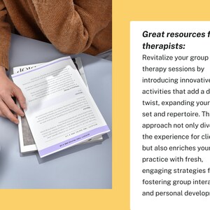 Puede incluir: Una persona est&aacute; leyendo un documento con el texto "Great resources for therapists: Revitalize your group therapy sessions by introducing innovative activities that add a dynamic twist, expanding your skill set and repertoire. This approach not only diversifies the experience for clients but also enriches your practice with fresh, engaging strategies for fostering group interaction and personal development."