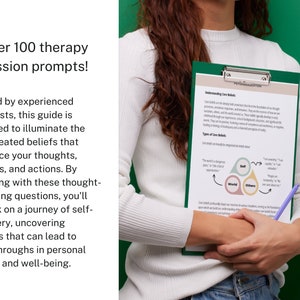 May include: A woman holds a clipboard with a green background. The clipboard has a sheet of paper with the title "Understanding Core Beliefs" and a diagram showing three overlapping circles labeled "Self", "World", and "Others".
