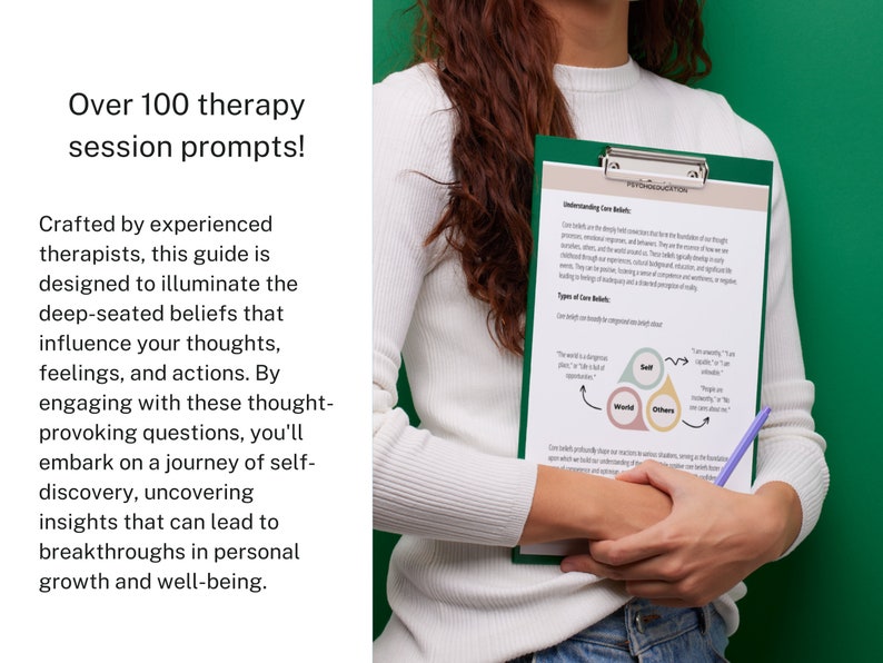 May include: A woman holds a clipboard with a green background. The clipboard has a sheet of paper with the title "Understanding Core Beliefs" and a diagram showing three overlapping circles labeled "Self", "World", and "Others".