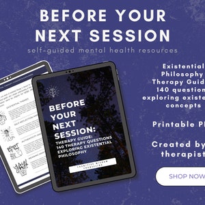 Puede incluir: Una descarga digital de una guía PDF imprimible titulada "Antes de tu próxima sesión: Guía de terapia: 140 preguntas de terapia explorando la filosofía existencial". La guía está creada por un terapeuta y presenta un fondo azul oscuro con una imagen de cielo estrellado nocturno. El texto "PDF imprimible" y "Creado por un terapeuta" se muestra en texto blanco. Un botón con el texto "Comprar ahora" se muestra en la esquina inferior derecha.