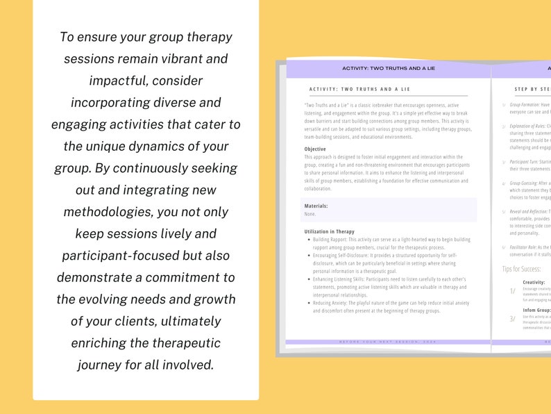 Puede incluir: Una p&aacute;gina de un cuaderno de trabajo con el t&iacute;tulo "Dos verdades y una mentira" e instrucciones sobre c&oacute;mo jugar al juego. El juego est&aacute; dise&ntilde;ado para fomentar la participaci&oacute;n social y la interacci&oacute;n dentro de un grupo de terapia.