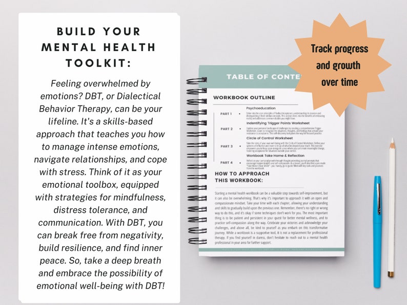 May include: A teal blue notebook with a white spiral binding. The cover features the text "BUILD YOUR MENTAL HEALTH TOOLKIT" and a table of contents with the heading "WORKBOOK OUTLINE". The notebook is on a light gray surface with a blue pen and a white pencil.