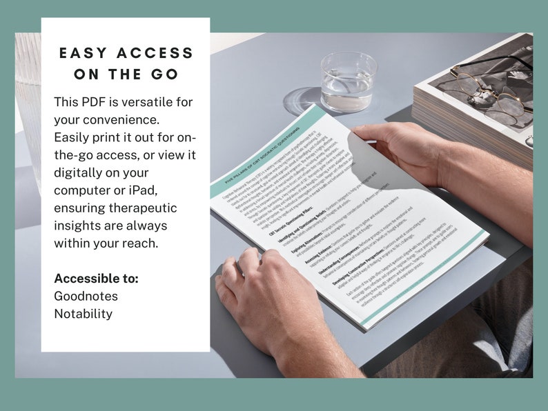 K&ouml;nnte beinhalten: Eine Person liest ein PDF-Dokument auf einem Tablet. Das Dokument tr&auml;gt den Titel "F&uuml;nf S&auml;ulen des pers&ouml;nlichen Wachstums" und enth&auml;lt Abschnitte zu "Therapeutischer Planung", "Entwicklung von Lerngewohnheiten", "Bewertung der Entwicklung", "Verst&auml;ndnis von Empowerment" und "Entwicklung von F&uuml;hrungstemperament". Der Text im Dokument lautet "Dieses PDF ist vielseitig f&uuml;r Ihre Bequemlichkeit. Drucken Sie es einfach f&uuml;r den Zugriff unterwegs aus oder sehen Sie es digital auf Ihrem Computer oder iPad an, um sicherzustellen, dass therapeutische Erkenntnisse immer in Reichweite sind. Zug&auml;nglich f&uuml;r: Goodnotes Notability."