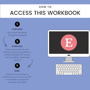 May include: A diagram showing how to access a digital workbook. The steps are: 1. Purchase, 2. Download, 3. Print. The diagram includes a computer monitor with the letter "E" on the screen, a keyboard, and arrows showing the flow of the steps.