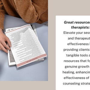 May include: A close-up of a text document with a list of resources for therapists. The text reads "Great resources for therapists: Elevate your sessions and therapeutic effectiveness by providing clients with tangible tools and resources that foster genuine growth and healing, enhancing the effectiveness of your counseling strategies."