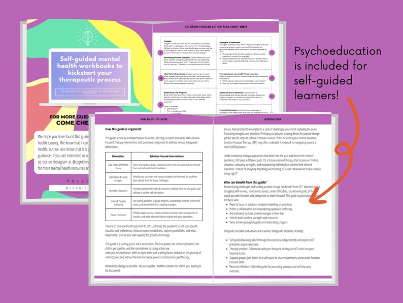 Puede incluir: Una ilustraci&oacute;n digital rosa y amarilla con el texto "Self-guided mental health workbooks to kickstart your therapeutic process" y "Psychoeducation is included for self-guided learners!" La ilustraci&oacute;n tambi&eacute;n incluye una tabla con el texto "Solution Focused Interventions" y "How this guide is organized".
