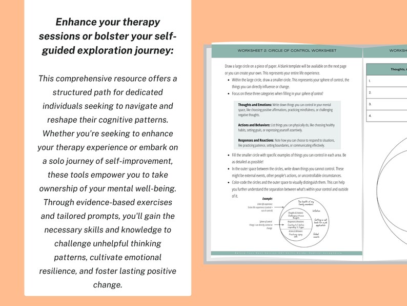 May include: A worksheet titled "Circle of Control Worksheet" with instructions on how to draw a circle representing your sphere of control. The worksheet includes three categories: Thoughts and Emotions, Actions and Behaviors, and Responses and Reactions.