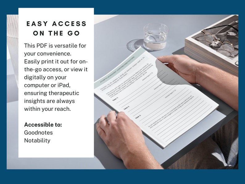 K&ouml;nnte beinhalten: Nahaufnahme von H&auml;nden, die ein wei&szlig;es PDF-Dokument mit dem Text "EASY ACCESS ON THE GO" oben halten. Der Text darunter lautet "Dieses PDF ist vielseitig f&uuml;r Ihren Komfort. Drucken Sie es einfach f&uuml;r den Zugriff unterwegs aus oder sehen Sie es digital auf Ihrem Computer oder iPad an, um sicherzustellen, dass therapeutische Erkenntnisse immer in Reichweite sind. Zug&auml;nglich f&uuml;r: Goodnotes Notability."