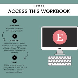 K&ouml;nnte beinhalten: Ein Computerbildschirm mit dem Buchstaben "E" in einem rosa Kreis auf dem Bildschirm. Der Text "HOW TO ACCESS THIS WORKBOOK" befindet sich oben im Bild. Unter dem Computerbildschirm befindet sich eine wei&szlig;e Tastatur. Auf der linken Seite des Bildes sind drei Schritte aufgelistet: 1. PURCHASE, 2. DOWNLOAD und 3. PRINT.