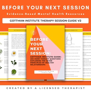 Puede incluir: Una guía rosa y naranja titulada "Before Your Next Session: Gottman Institute Guide: 200 More Therapy Questions Exploring the Seven Principles of Healthy Relationships". La guía está creada por un terapeuta con licencia y presenta un dibujo de una persona de espaldas.