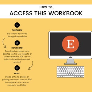 Puede incluir: Un fondo amarillo con una ilustraci&oacute;n en blanco y negro de un monitor de computadora y un teclado. El monitor tiene un c&iacute;rculo rojo con una letra E blanca en el centro. El texto "HOW TO ACCESS THIS WORKBOOK" est&aacute; en la parte superior de la imagen. Los pasos para acceder al libro de trabajo se enumeran debajo de la ilustraci&oacute;n de la computadora: 1. COMPRA, 2. DESCARGA, 3. IMPRIME.