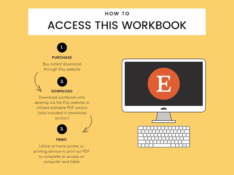 Puede incluir: Un fondo amarillo con una ilustraci&oacute;n en blanco y negro de un monitor de computadora y un teclado. El monitor tiene un c&iacute;rculo rojo con una letra E blanca en el centro. El texto "HOW TO ACCESS THIS WORKBOOK" est&aacute; en la parte superior de la imagen. Los pasos para acceder al libro de trabajo se enumeran debajo de la ilustraci&oacute;n de la computadora: 1. COMPRA, 2. DESCARGA, 3. IMPRIME.