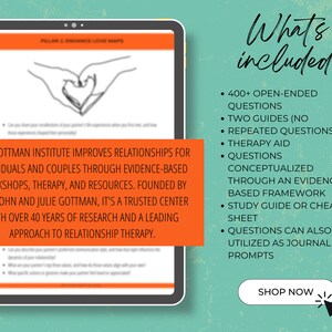 May include: A digital tablet displaying a guide to improving relationships. The guide is based on the Gottman Method, which is a research-based approach to couples therapy. The text on the tablet reads "The Gottman Institute Improves Relationships for Individuals and Couples Through Evidence-Based Workshops, Therapy, and Resources. Founded by Drs. John and Julie Gottman, it's a trusted center with over 40 years of research and a leading approach to relationship therapy."