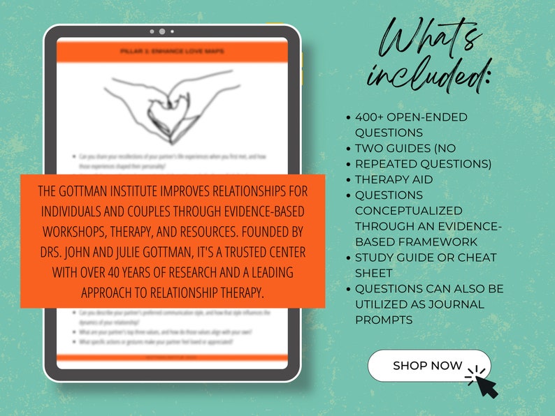 May include: A digital tablet displaying a guide to improving relationships. The guide is based on the Gottman Method, which is a research-based approach to couples therapy. The text on the tablet reads "The Gottman Institute Improves Relationships for Individuals and Couples Through Evidence-Based Workshops, Therapy, and Resources. Founded by Drs. John and Julie Gottman, it's a trusted center with over 40 years of research and a leading approach to relationship therapy."