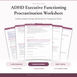 ADHD Procrastination Worksheet, Executive Functioning Task Initiation and Work Block Planning, Therapist Resource, Instant Download