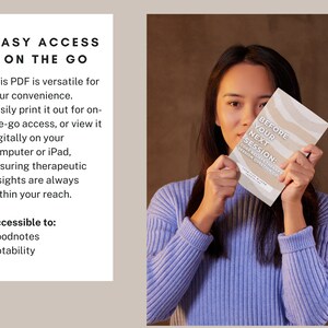 May include: A woman holds a book titled "Before Your Next Session: Core Beliefs Therapy Session Questions". The book has a white and brown striped cover with a light brown background.