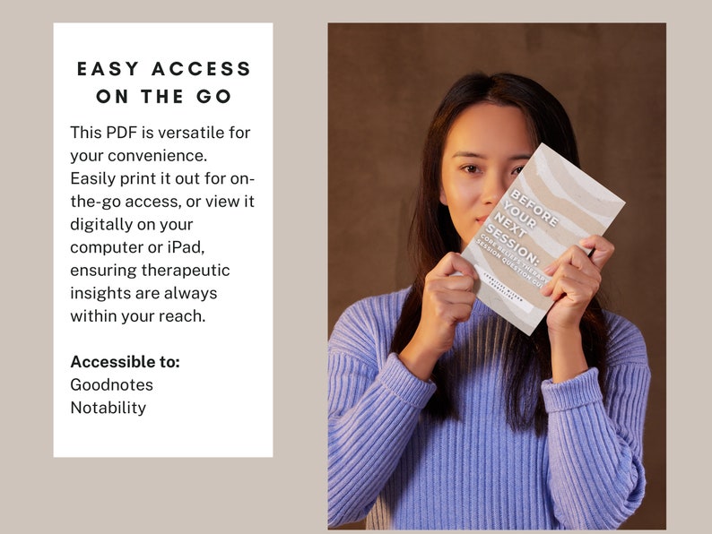 May include: A woman holds a book titled "Before Your Next Session: Core Beliefs Therapy Session Questions". The book has a white and brown striped cover with a light brown background.