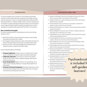 May include: A page from a self-help guide with the title "Core Beliefs About Self" and a list of questions about self-compassion, growth, and acceptance. The text "Psychoeducation is included for self-guided learners!" is in a starburst shape.