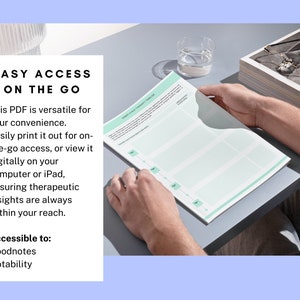 May include: A person's hands hold a white and green printable PDF document with the text "EASY ACCESS ON THE GO" and "This PDF is versatile for your convenience. Easily print it out for on-the-go access, or view it digitally on your computer or iPad, ensuring therapeutic insights are always within your reach. Accessible to: Goodnotes Notability".