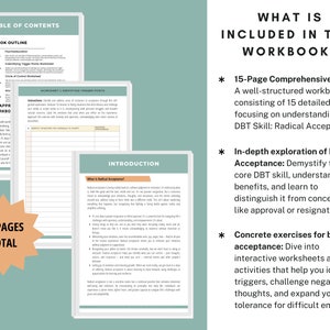 May include: A workbook titled "What is Included in This Workbook?" with a pink background and white text. The workbook is a 15-page guide to understanding the DBT skill of Radical Acceptance. It includes exercises for building acceptance, such as interactive worksheets and activities to help identify triggers and challenge negative thoughts.