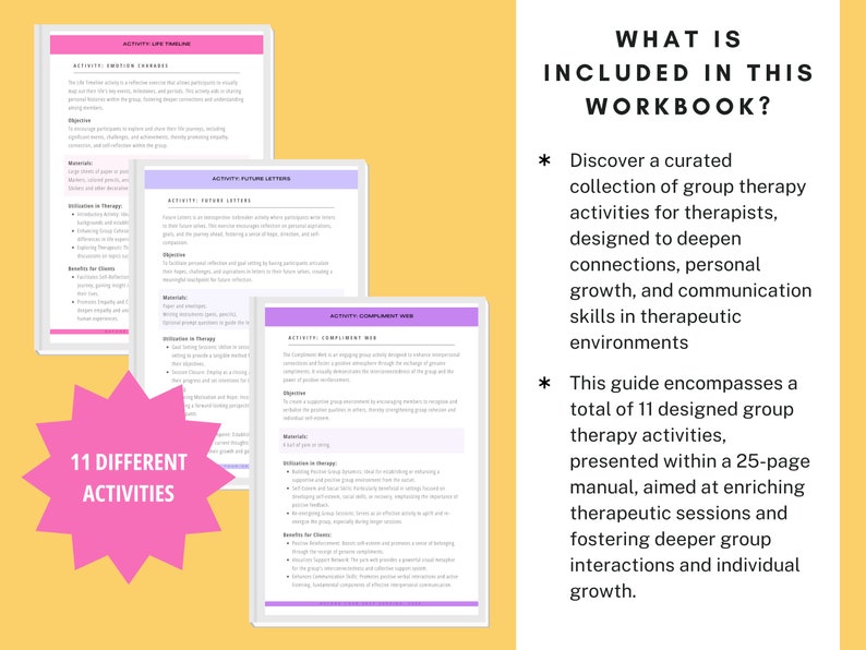 Puede incluir: Una cubierta de cuaderno rosa y blanca con el t&iacute;tulo "What is Included in This Workbook?" y una lista de caracter&iacute;sticas. El cuaderno est&aacute; dise&ntilde;ado para terapeutas e incluye 11 actividades de terapia grupal diferentes.