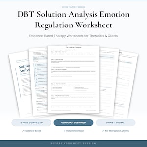 Puede incluir: Un conjunto de seis páginas de hojas de trabajo DBT Solution Analysis Emotion Regulation para terapeutas y clientes. Las páginas blancas presentan texto negro, formularios estructurados y casillas de verificación. El título dice DBT Solution Analysis Emotion Regulation Worksheet.