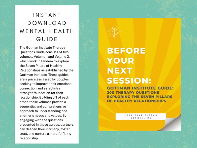 May include: A yellow and white graphic with the text "Before Your Next Session: Gottman Institute Guide: 200 Therapy Questions Exploring the Seven Pillars of Healthy Relationships" and the text "Cognitive Wisdom Counseling".