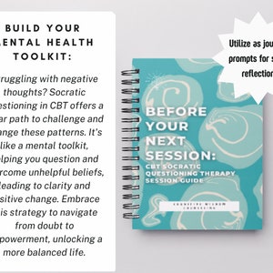 K&ouml;nnte beinhalten: Ein t&uuml;rkisfarbenes Spiralnotizbuch mit dem Text "Before Your Next Session: CBT Socratic Questioning Therapy Session Guide" und einem wei&szlig;en Wirbelmuster. Das Notizbuch ist ein Werkzeug f&uuml;r die psychische Gesundheit zur Selbstreflexion.
