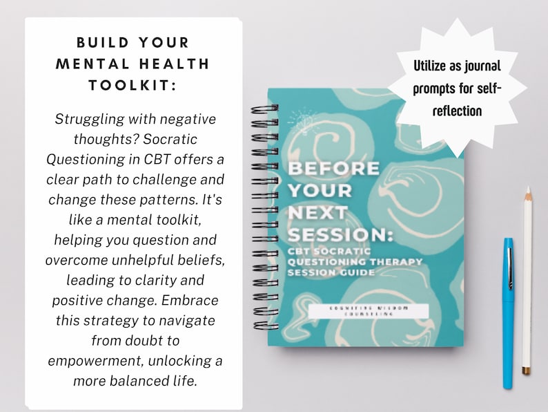 K&ouml;nnte beinhalten: Ein t&uuml;rkisfarbenes Spiralnotizbuch mit dem Text "Before Your Next Session: CBT Socratic Questioning Therapy Session Guide" und einem wei&szlig;en Wirbelmuster. Das Notizbuch ist ein Werkzeug f&uuml;r die psychische Gesundheit zur Selbstreflexion.