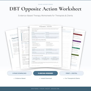 Könnte beinhalten: Ein Set von DBT Opposite Action Arbeitsblättern mit schwarzem Text auf weißem Papier. Die Seiten enthalten Überschriften wie Acting Opposite—All the Way, The Four Channels und Common Mistakes sowie strukturierte Abschnitte für Therapie-Notizen.