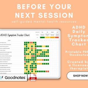 Peut inclure: Une tablette numérique affichant un tableau de suivi quotidien des symptômes du TDAH imprimable. Le tableau est vert, jaune et orange. Le texte "Daily ADHD Symptom Tracker Chart" est en haut du tableau. Le texte "Goodnotes" et "PDF" sont en bas du tableau. Le texte "ADHD Daily Symptom Tracker Chart" est dans une police plus grande que les autres textes. Le texte "Printable PDF & Goodnotes" est sous le tableau. Le texte "Created by a licensed therapist" est sous le texte "Printable PDF & Goodnotes". Le texte "SHOP NOW" est dans un bouton en bas de l'image.