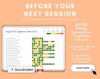 Puede incluir: Una tableta digital que muestra un gráfico de seguimiento diario de los síntomas del TDAH imprimible. El gráfico es verde, amarillo y naranja. El texto "Daily ADHD Symptom Tracker Chart" está en la parte superior del gráfico. El texto "Goodnotes" y "PDF" están en la parte inferior del gráfico. El texto "ADHD Daily Symptom Tracker Chart" está en un tamaño de fuente más grande que el otro texto. El texto "Printable PDF & Goodnotes" está debajo del gráfico. El texto "Created by a licensed therapist" está debajo del texto "Printable PDF & Goodnotes". El texto "SHOP NOW" está en un botón en la parte inferior de la imagen.