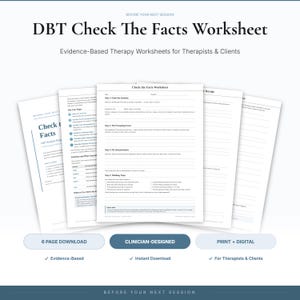Könnte beinhalten: Ein DBT Check The Facts Arbeitsblatt-Set bestehend aus mehreren Seiten mit schwarzem Text auf weißem Papier. Das Dokument enthält Abschnitte zum Benennen von Emotionen, Identifizieren von Auslösern, Interpretationen und Denkfallen für die Therapie.