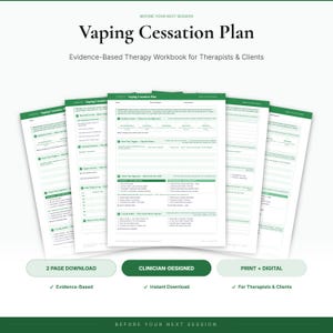 Peut inclure: Un manuel de sevrage du vapotage pour thérapeutes et clients, composé de pages blanches avec du texte et des en-têtes verts. Le document comprend des sections pour suivre les déclencheurs, le soutien et les progrès, intitulé Vaping Cessation Plan.
